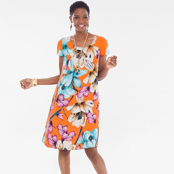 Chico's Dresses & Skirts - Chicos Dress Womens 000 Orange Floral Leopard Reversible Coastal Resort Vacation